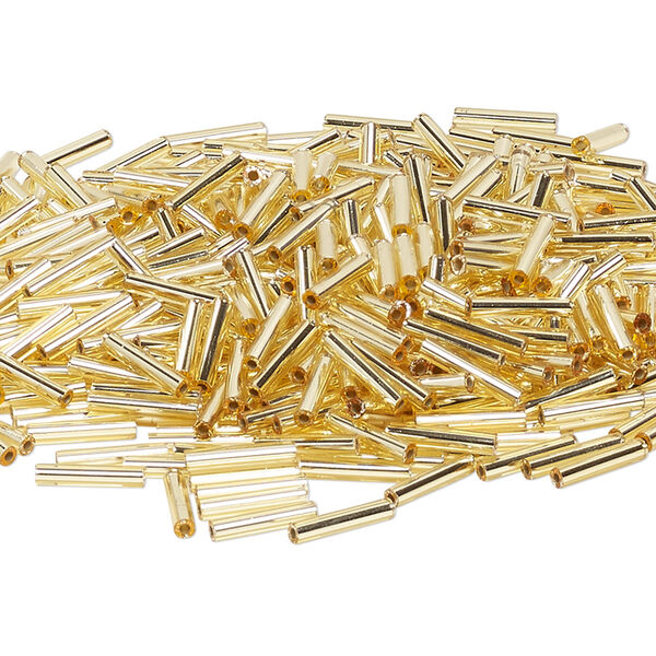 Bead, Miyuki, bugle bead, glass, pkg/250 g, 12x2.4mm center-drilled, silver-lined translucent gold, (RBU-0003). image number 0