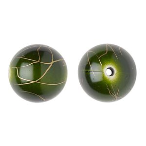 Bead, acrylic, green and gold, 18mm round with swirls. Sold per pkg of 30.