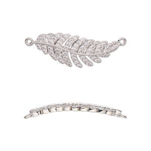 Link, cubic zirconia and silver-plated brass, clear, 26.5x10mm single-sided curved feather. Sold individually.