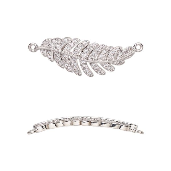 Link, cubic zirconia and silver-plated brass, clear, 26.5x10mm single-sided curved feather. Sold individually. image number 0