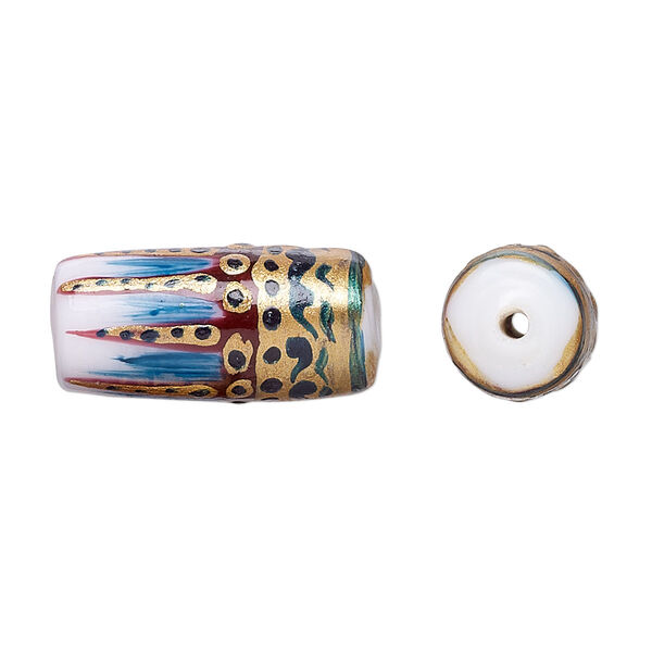 Bead, lampworked glass, multicolored, 22x11mm round tube with hand-painted abstract design. Sold per pkg of 2. image number 0