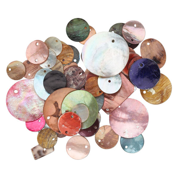 Component mix, Chinese mussel shell (natural / bleached / dyed / coated), mixed colors, 10x10mm-36x34mm flat round / flat diamond / flat rectangle. Sold per 1-ounce pkg, approximately 70 components. image number 1