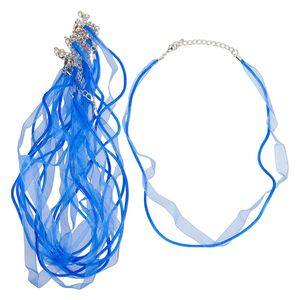 Necklace, antique silver-finished steel / nylon / organza, blue and royal blue, 10.5mm width, 17 inches with lobster claw clasp. Sold per pkg of 10.