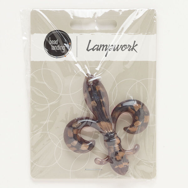 Focal, lampworked glass, opaque to transparent purple, 60x49mm fleur-de-lis with copper-colored glitter. Sold individually. image number 0