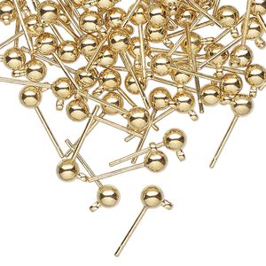 Earstud 1pkg100, 4mm ball / closed loop, gold-finished brass / stainless steel 50 pair