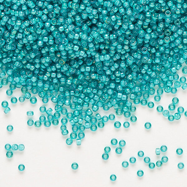 Seed bead, Miyuki, glass, pkg/250g, #15 rocaille, translucent white-lined luster teal, (RR-3765). image number 0
