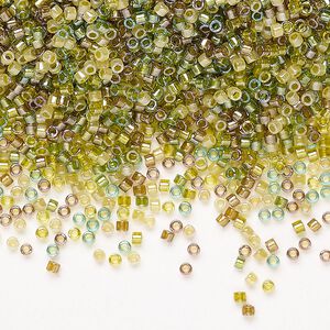 Seed bead mix, Miyuki Delica®, glass, pkg/50g, #11 round, translucent inside dyed color luster beige/chartreuse mix.