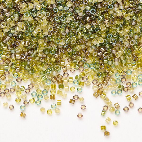 Seed bead mix, Miyuki Delica®, glass, pkg/50g, #11 round, translucent inside dyed color luster beige/chartreuse mix. image number 0
