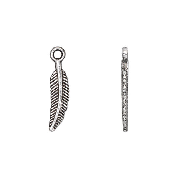Charm, antique silver-plated "pewter" (zinc-based alloy), 18x5mm double-sided feather. Sold per pkg of 50. image number 0