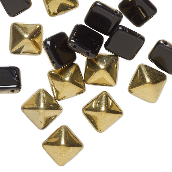 Preciosa Czech pressed glass 1pkg12, pyramid spacer bead bronze gold / black 11x11mm image number 0
