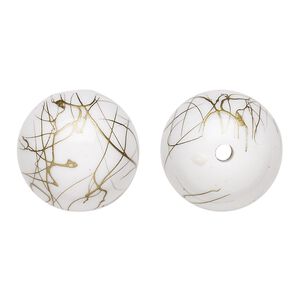 Bead, acrylic, white and gold, 18mm round with swirls. Sold per pkg of 30.