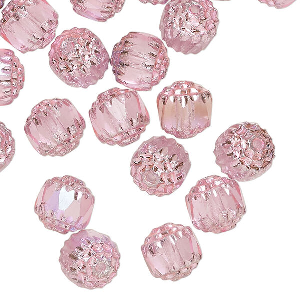 Bead, Czech dipped d&eacute;cor glass 1pkg50, opaque hot pink Apollo AB, 8mm round cathedral. image number 0