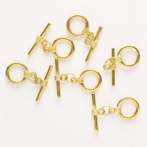 Clasp, toggle, brass, pkg/6, gold finish, 15mm round.