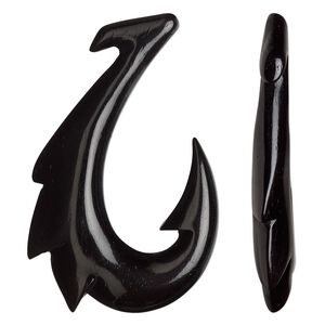 Focal, bone (dyed), black, 45x29mm hand-carved undrilled single-sided hook, Mohs hardness 2-1/2. Sold individually.