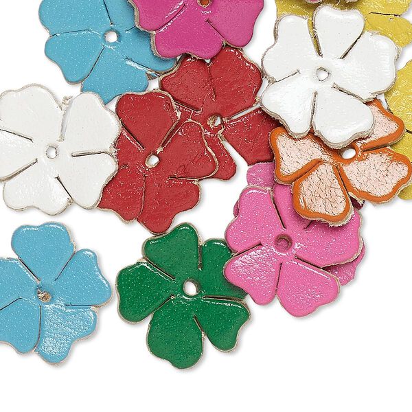 Component, leather (dyed), assorted colors, 14x14mm flower. Sold per pkg of 16. image number 0