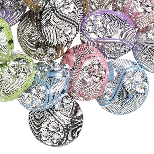 Bead mix, acrylic, mixed colors, 19mm double-sided puffed flat round with line and circle design. Sold per pkg of 24. image number 0