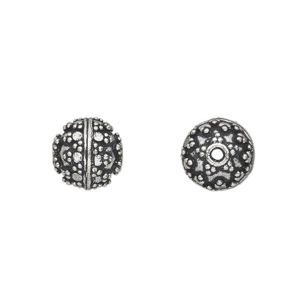 Bead, antique silver-plated white brass, 10mm fancy round with dot accents. Sold per pkg of 4. image number 0
