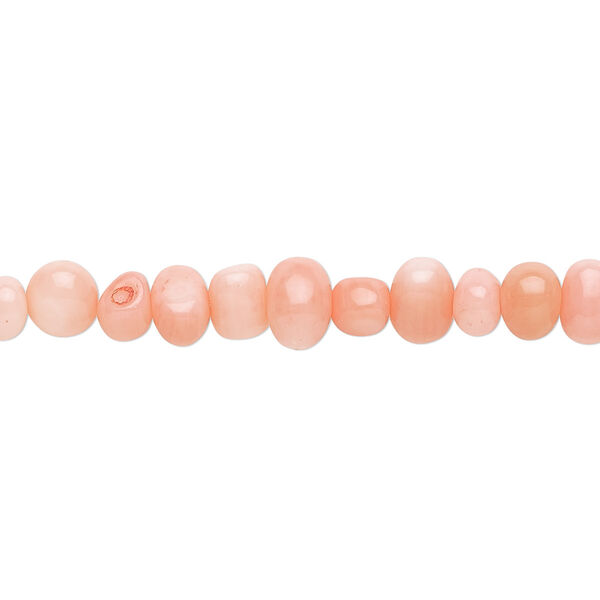 Bead, bamboo coral (dyed), pink, small hand-cut pebble, Mohs hardness 3-1/2 to 4. Sold per 15-1/2" to 16" strand. image number 0