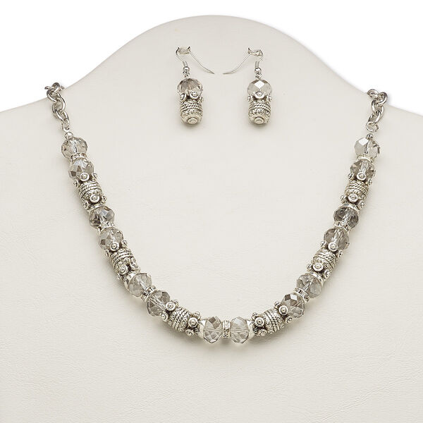 Necklace and earring set, glass with silver-plated steel and "pewter" (zinc-based alloy), clear, rondelle, 20 inches with 2-inch extender chain and lobster claw clasp, 39mm earrings with fishhook ear wire. Sold per set. image number 0