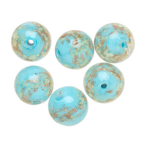 Bead, lampworked glass, clear / light blue / glow-in-the-dark / gold, 12mm round. Sold per pkg of 6.