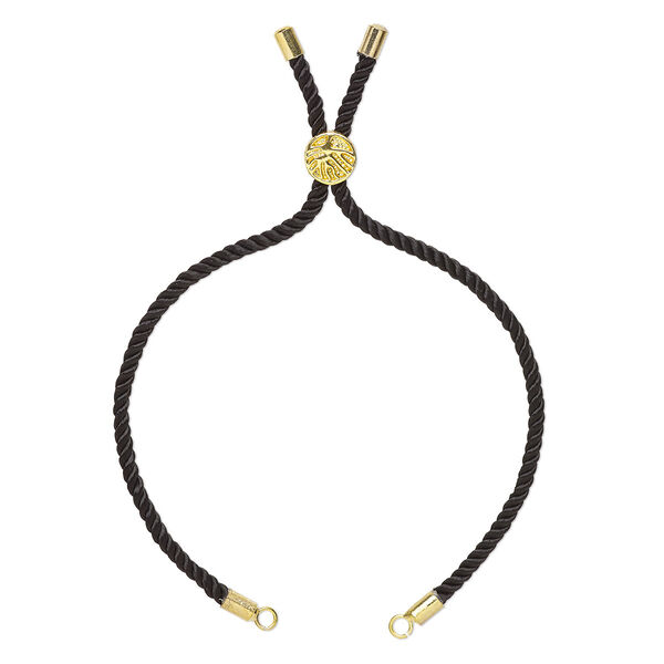 Bracelet component, nylon and gold-finished "pewter" (zinc-based alloy), black, 3mm wide, 8-3/4 inches with 9mm flat round adjustable slider bead with tree of life design and 2 open loops. Sold individually. image number 0