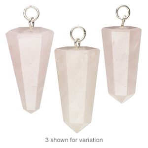 Rose quartz / "pewter" (zinc-based alloy) 1pkg1, silver-plated hand-cut faceted hexagon point focal natural 30x15mm-35x19mm