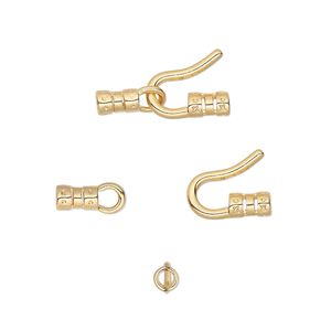 Clasp hook&eye 1pkg10 gold-plated, 17.5x9mm / crimp end / fits up to 2mm cord, brass 1-strand