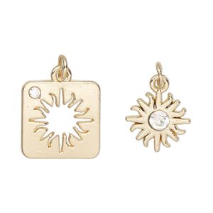 Charm, gold-finished "pewter" (zinc-based alloy) and glass, clear, 16x16mm square with sun cutout design and 13x13mm single-sided sun. Sold per pkg of (2) 2-piece sets.