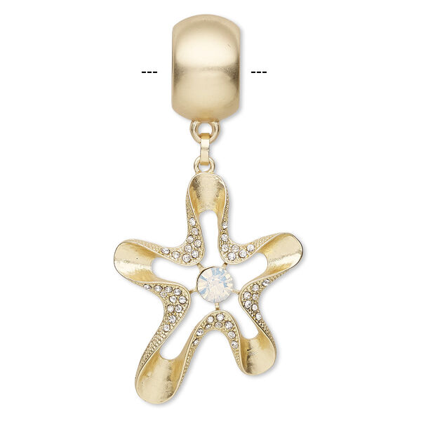 Pendant, scarf, glass rhinestone / gold-coated plastic / gold-finished "pewter" (zinc-based alloy), clear and opal, 3-1/4 inches with 51x42mm open flower and tube bail. Sold individually. image number 0
