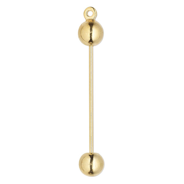 Drop, gold-plated brass, 36.5mm bead pin with 6mm ball and twist-off ends, 23mm beadable length, fits beads with 1mm hole. Sold per pkg of 10. image number 0