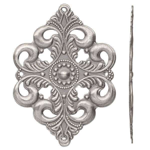 Focal, antique silver-plated steel, 42x30mm single-sided filigree diamond with 4 loops. Sold per pkg of 10. image number 0