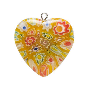 Focal, millefiori glass and silver-finished steel 1pkg1, translucent orange and multicolored, 29-31mm puffed heart.