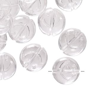 Bead, acrylic, clear, 15x6mm saucer with smiley face design. Sold per pkg of 24.