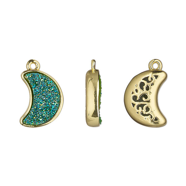 Drop, Druzylite™, "druzy" (resin) and gold-finished brass, green, 14x10mm two-sided moon with open filigree back. Sold per pkg of 4. image number 0