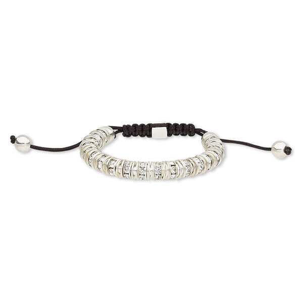 Bracelet, glass rhinestone / nylon / silver-plated steel / "pewter" (zinc-based alloy), black and clear, 9mm wide, adjustable from 6-8 inches with macramé knot closure. Sold individually. image number 0