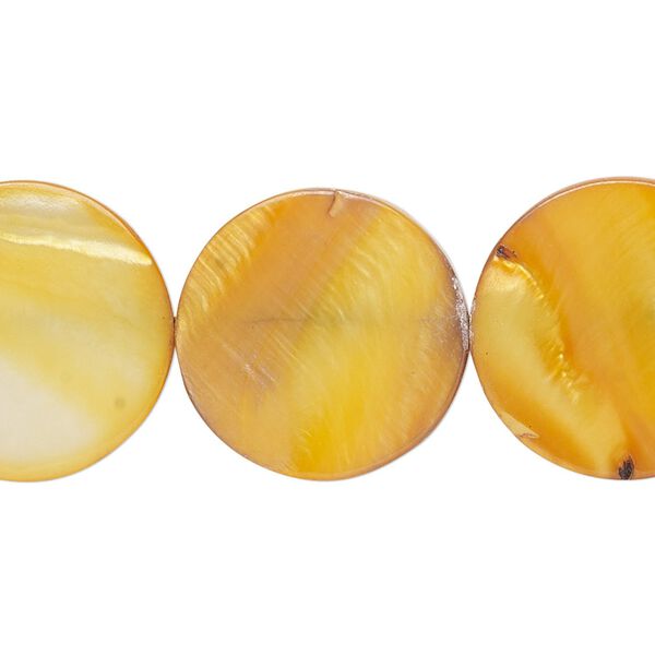 Bead, mother-of-pearl shell (dyed), golden yellow, 19-20mm flat round with 0.6-1mm hole, Mohs hardness 3-1/2. Sold per 15-inch strand. image number 0