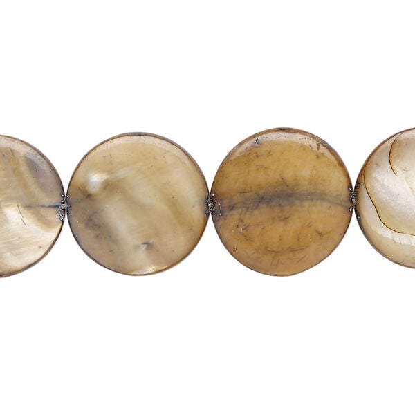 Mother-of-pearl shell 1pkg1, puffed flat round bead 15 inch light brown 14-15mm image number 0