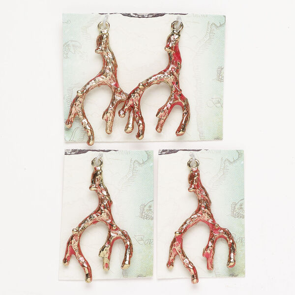 Focal 1pkg4, enamel and gold-finished brass, pink, 44x27mm-45x29mm textured branch. image number 0