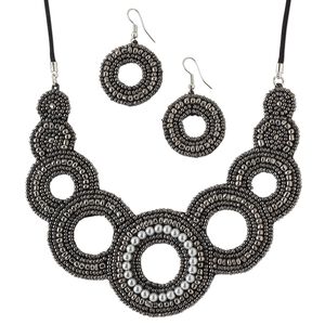 Necklace and earring set, glass / velveteen / waxed cotton cord / silver-plated steel, gunmetal / grey / black, 4-3/4 inches with circle design, adjustable up to 26 inches with macramé knot closure, 1-1/4 inch earrings with fishhook ear wire. Sold per set.
