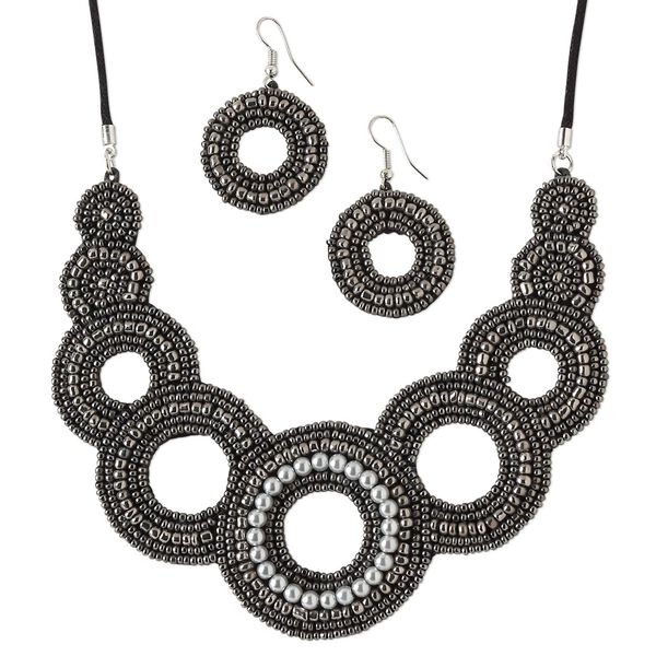Necklace and earring set, glass / velveteen / waxed cotton cord / silver-plated steel, gunmetal / grey / black, 4-3/4 inches with circle design, adjustable up to 26 inches with macramé knot closure, 1-1/4 inch earrings with fishhook ear wire. Sold per set. image number 0