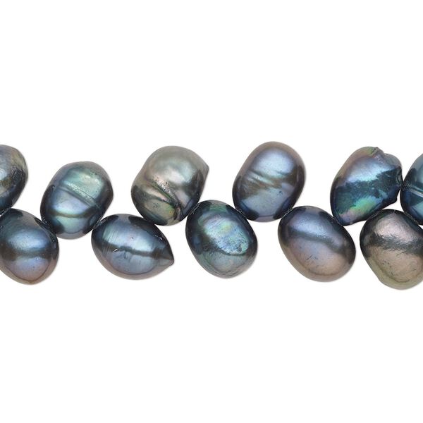 Pearl, cultured freshwater (dyed), iris green, 8x6mm-10x7mm herringbone-drilled flat-sided rice with 0.4-0.6mm hole, C- grade, Mohs hardness 2-1/2 to 4. Sold per 15-inch strand. image number 0