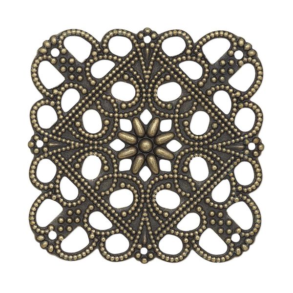 Focal, antique gold-plated steel, 35mm double-sided filigree square with 8 loops. Sold per pkg of 10. image number 0