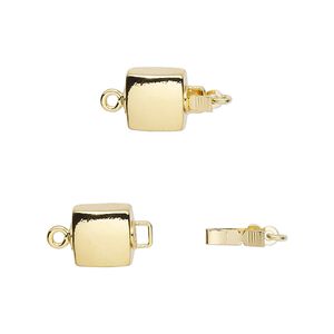 Clasp tab 1pkg2 gold-plated, 8mm flat puffed square / safety latch, brass 1-strand