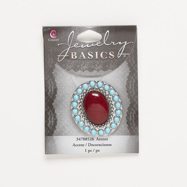 Pendant, silver-finished "pewter" (zinc-based alloy) and resin, blue and brick red, 42.5x38mm oval with hidden bail. Sold individually. image number 0