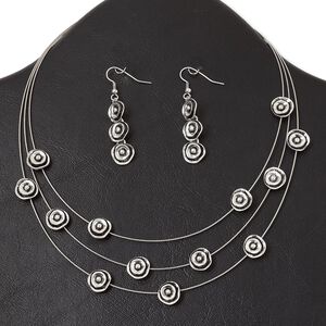 Necklace and earring set, 3-strand, antique silver-plated "pewter" (zinc-based alloy) and steel, 11mm rose, 15" to 16" necklace with lobster claw clasp and 3-inch extender chain, 2-inch earring with fishhook ear wire. Sold per set.