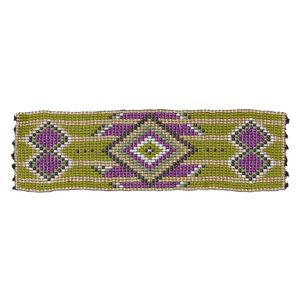 Component, seed beads, glass, green and multicolored, 6x1-3/4 inch double-sided rectangle with diamond and line pattern. Sold individually.