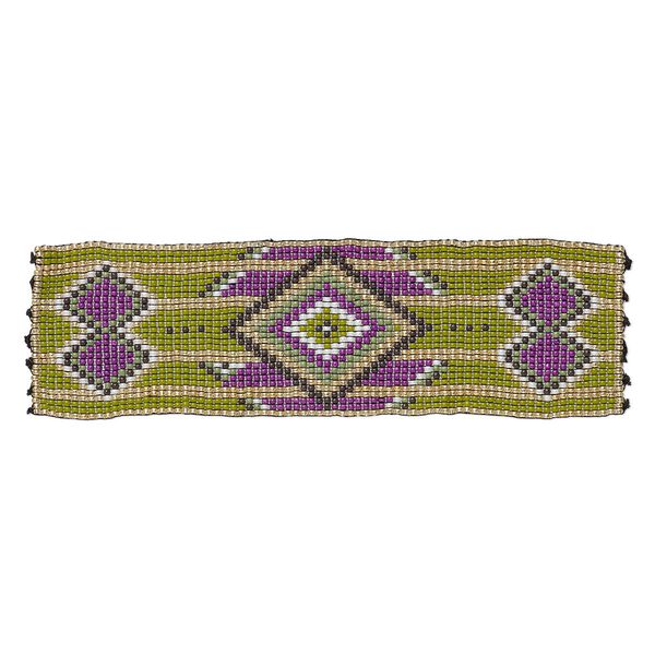 Component, seed beads, glass, green and multicolored, 6x1-3/4 inch double-sided rectangle with diamond and line pattern. Sold individually. image number 0