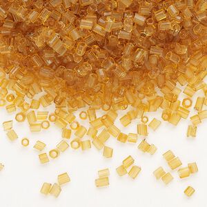 Bead, bugle, glass, translucent topaz, #1 round tube. Sold per 50-gram pkg.