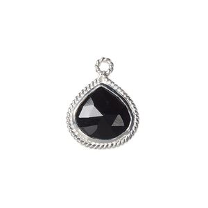 Drop, black onyx (dyed) and sterling silver, 16x16mm-18x17mm hand-cut double-sided faceted teardrop with twisted wire design. Sold individually.