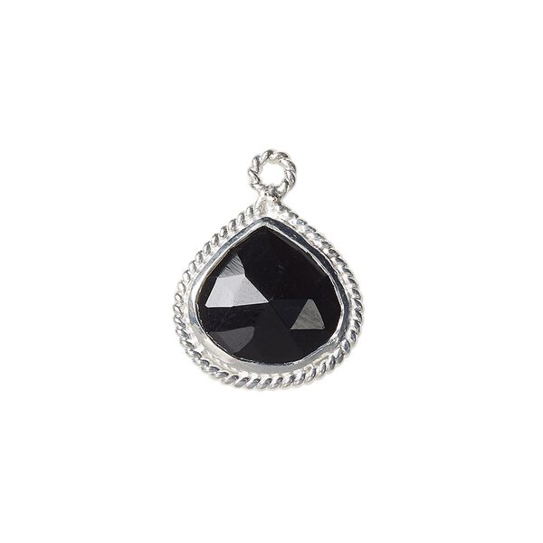 Drop, black onyx (dyed) and sterling silver, 16x16mm-18x17mm hand-cut double-sided faceted teardrop with twisted wire design. Sold individually. image number 0